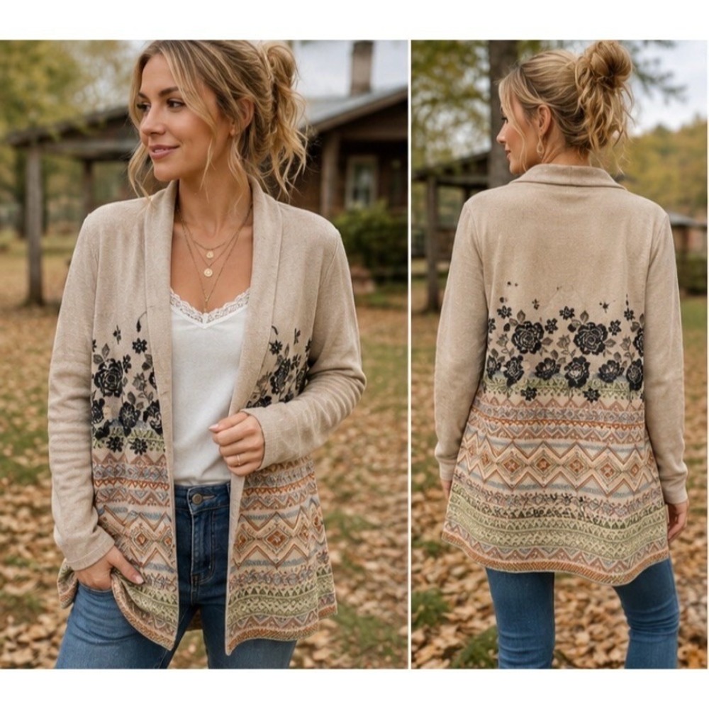 Savanna Jane Cardigan Sweater Womens M/L Beige Floral Boho Open Front